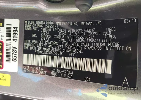 2013 Toyota Sienna Xle V6 8 Passenger from USA, damaged, VIN 5TDYK3DC2DS356018
